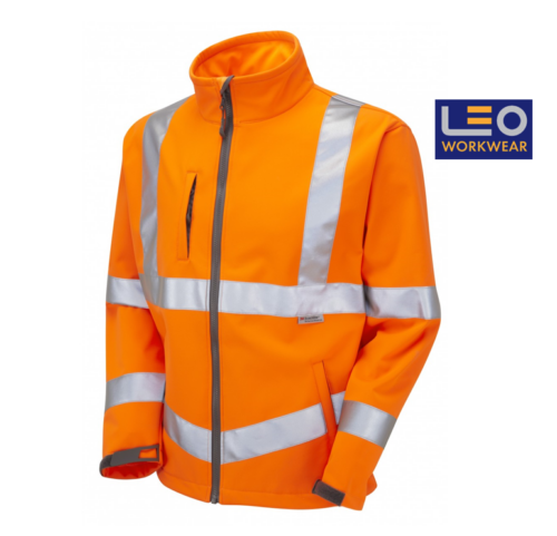 Hi Vis Softshell Jacket,LEO hi vis orange rail spec soft shell jacket leo workwear GX FB03 e1616875485439