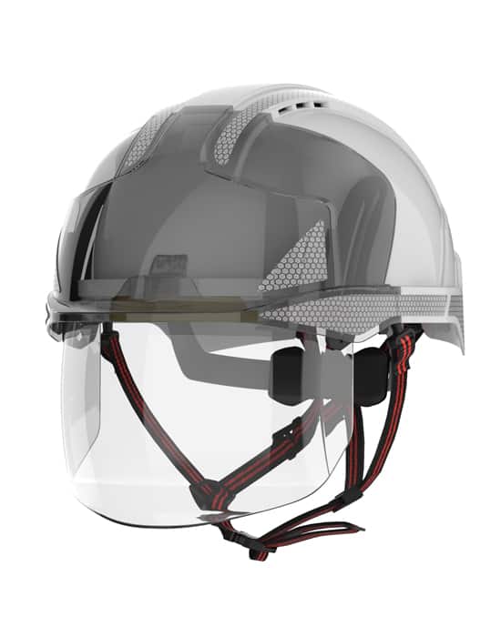 EVO vistashield, dualswitch, JSP, safety helmet   LJS AMH270 EVOVISTA DLSWTCH SHIELD DWN SMOKE WHITE SIDE
